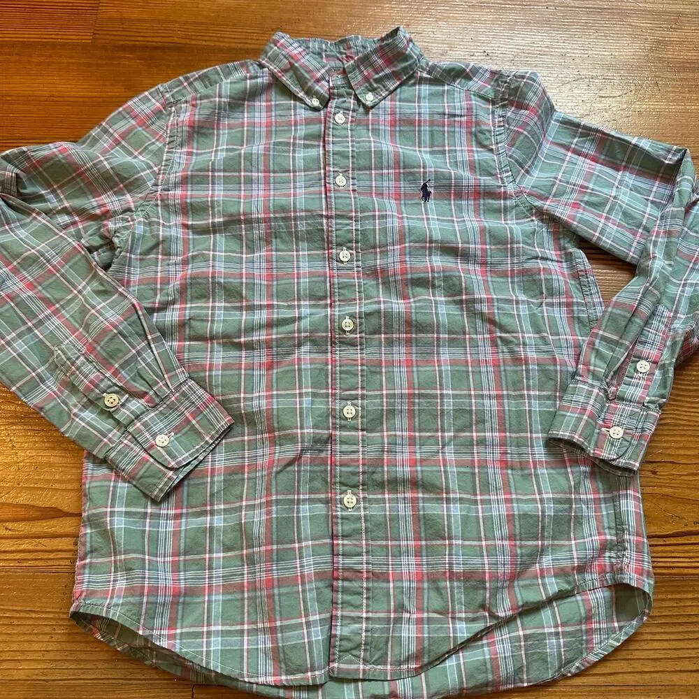 Ralph Lauren green pink plaid long sleeve button up shirt SIZE L 14-16